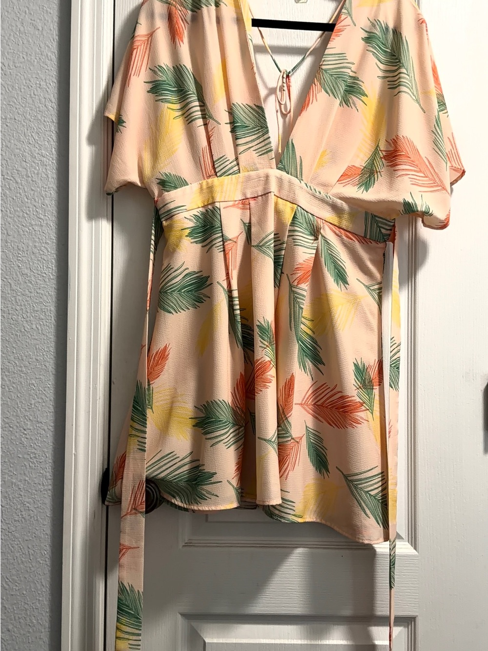 Amazon Peach Tropical Prints Mini Dress with Green and Coral Leaves